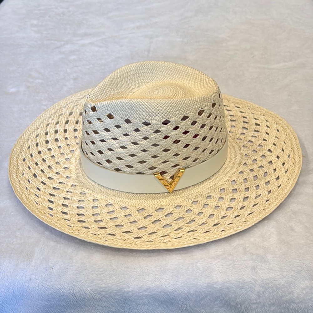 Valentino ivory large brim hat with gold V logo hardware and cream leather band
